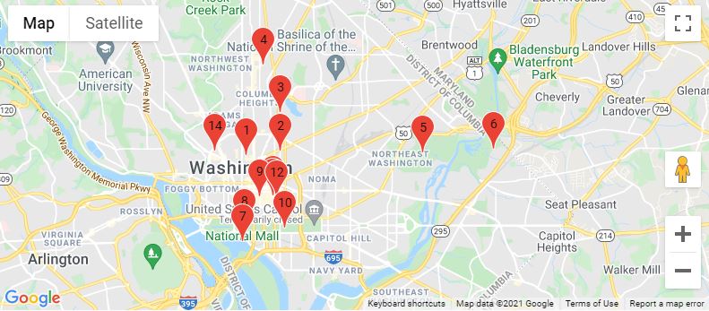 DC map with markers on places significant to Alma Thomas